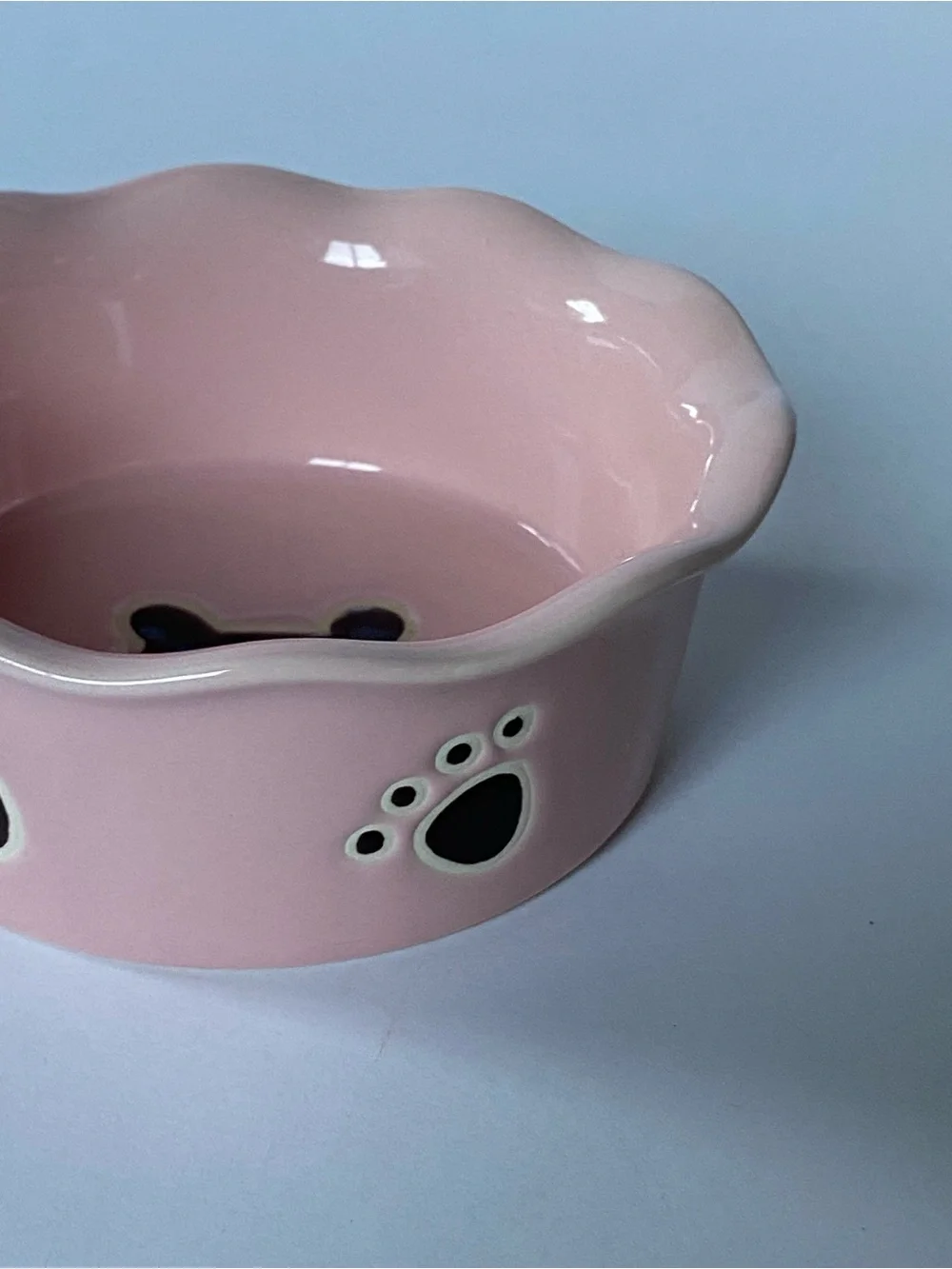 Pink Ceramic Dog Food Water Dish Bowl Stoneware 5” Wavy Edge Paw Prints Bone
